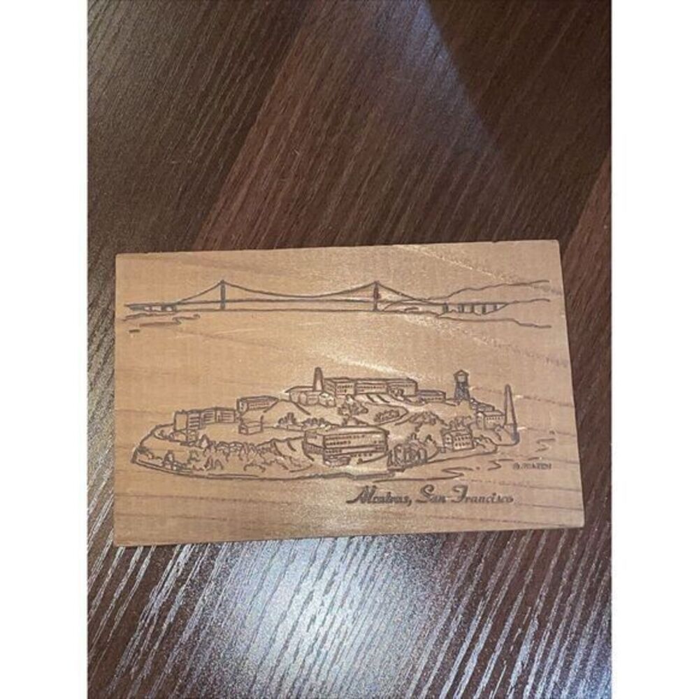 San Francisco Alcatraz Wood Post Card‎ 1930s Unused Vintage 6x3.75" #2